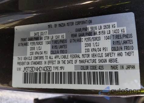 2017 Mazda Cx-9 Grand Touring z USA, uszkodzony, nr VIN JM3TCBDY4H0140930